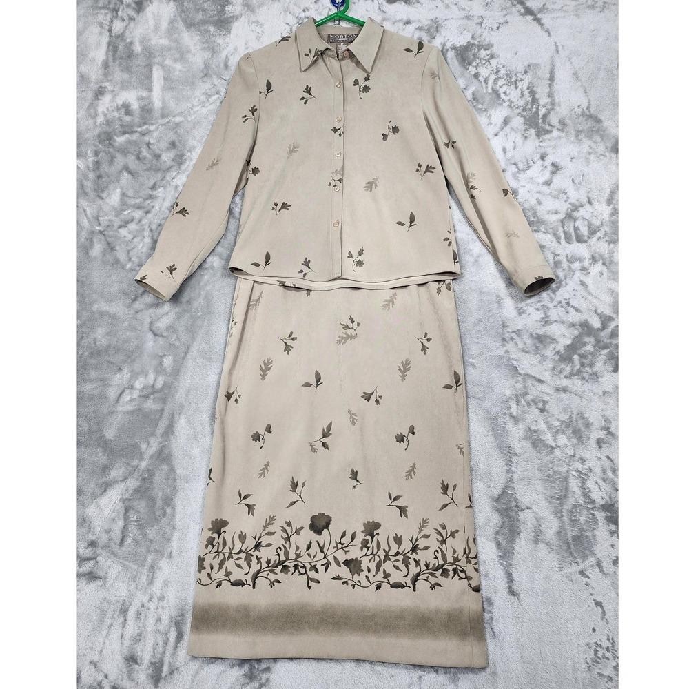 Vintage Norton McNaughton Skirt Set Womens 6P/10P PETITE Beige Green Floral Midi